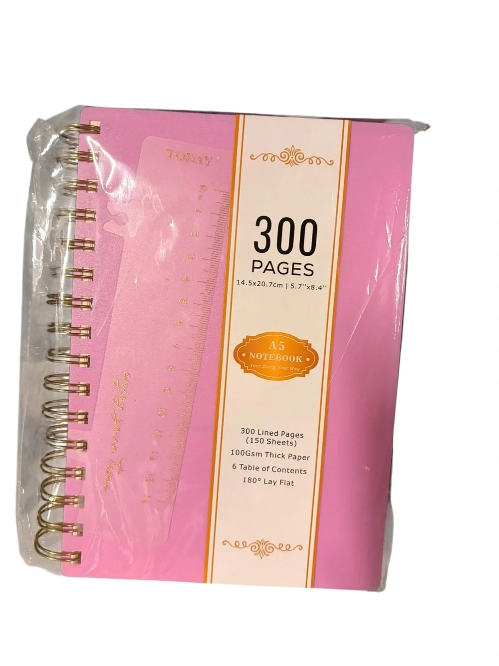 NWT- Pink A5 Spiral Notebook with Ruler - 300 Pages